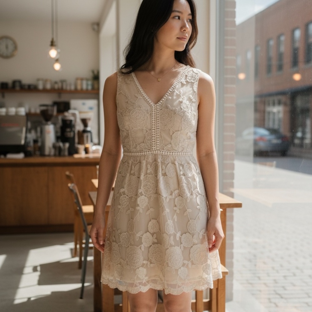 Altar’d State Women’s Ivory Lace Embroidered V Neckline Sleeveless Mini Dress